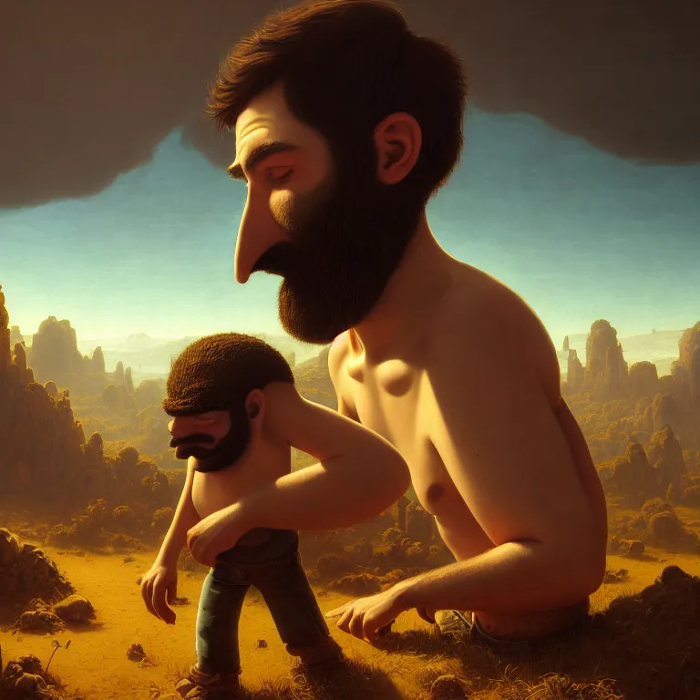 Prompt: young man with short brown hair and beard travelling with the simpsons through wastelands, baroque landscape painting, beautiful intricate insanely detailed octane render, artstation, 8 k artistic photography, photorealistic, volumetric perfect light, chiaroscuro, raphael, caravaggio, beksinski, rutkowski, giger