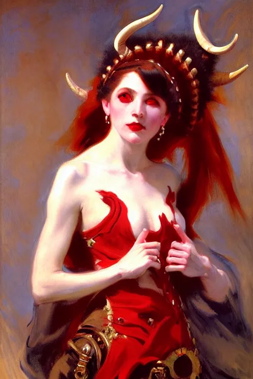 Image similar to painted close - up portrait of a attractive red - skinned intimidating demon girl with ram horns! oil painting, wearing a noblewoman's outfit, fantasy art by john singer sargent and gaston bussiere, demon noble character design, hd