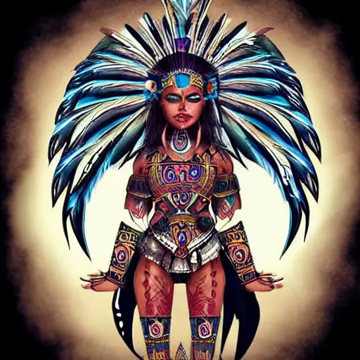 Image similar to character design, aztec warrior goddess with beautiful woman face, crown of very long feathers, full body, glowing aztec tattoos, beautiful, dark fantasy,