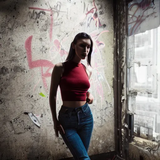 Prompt: Bella Hadid standing in a derelict room, led lights, graffiti, uhd, 8k, cinematic,