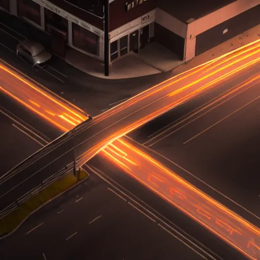 Image similar to A stunningly beautiful award-winning 8K high angle cinematic movie photograph of a foggy main intersection in an abandoned 1950s small town at night, by Edward Hopper and David Fincher and Darius Khonji, cinematic lighting, perfect composition, moody low key volumetric light. Color palette from Seven. Shot from above, 3 point perspective