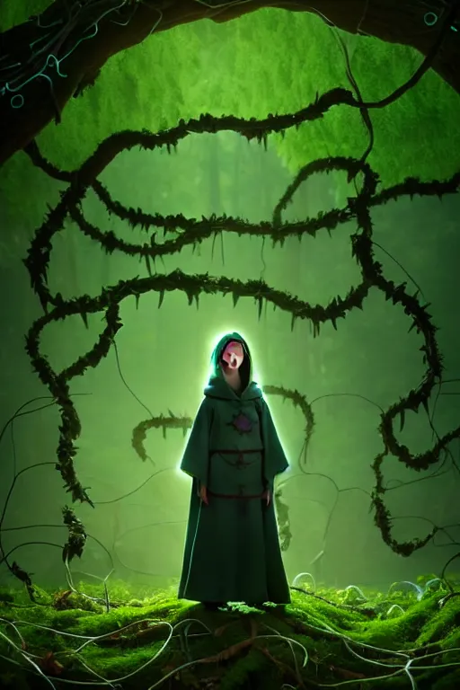 Prompt: A full body portrait of a cute shaman with no face, glowing eyes and a very long hooded dark green cloak of leaves and vines in the style of Pixar's Up 2009, stylized, Octane Render 4k