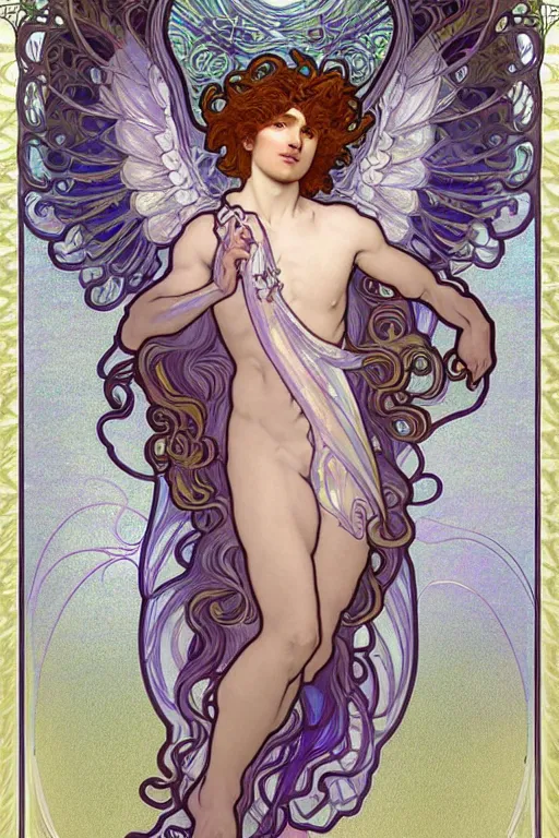 Prompt: full figure art nouveau window depicting a male angel with curly blond hairs, dressed with fluent clothes, majestic wings, luminous halo, by alfons mucha, d & d character, gradient white to gold, in front of an iridescent background, highly detailed portrait, digital painting, artstation, concept art, smooth, sharp focus, illustration, artstation hq