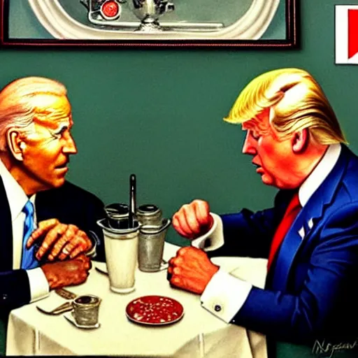Image similar to joe biden and donald trump having dinner in a 1 9 5 0 s diner. highly detailed painting by norman rockwell 8 k