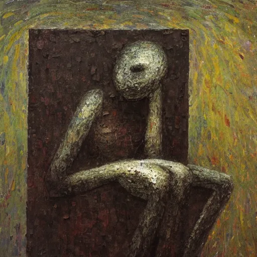 Prompt: an impasto melancholy painting by shaun tan of an abstract forgotten sculpture by the caretaker and ivan seal