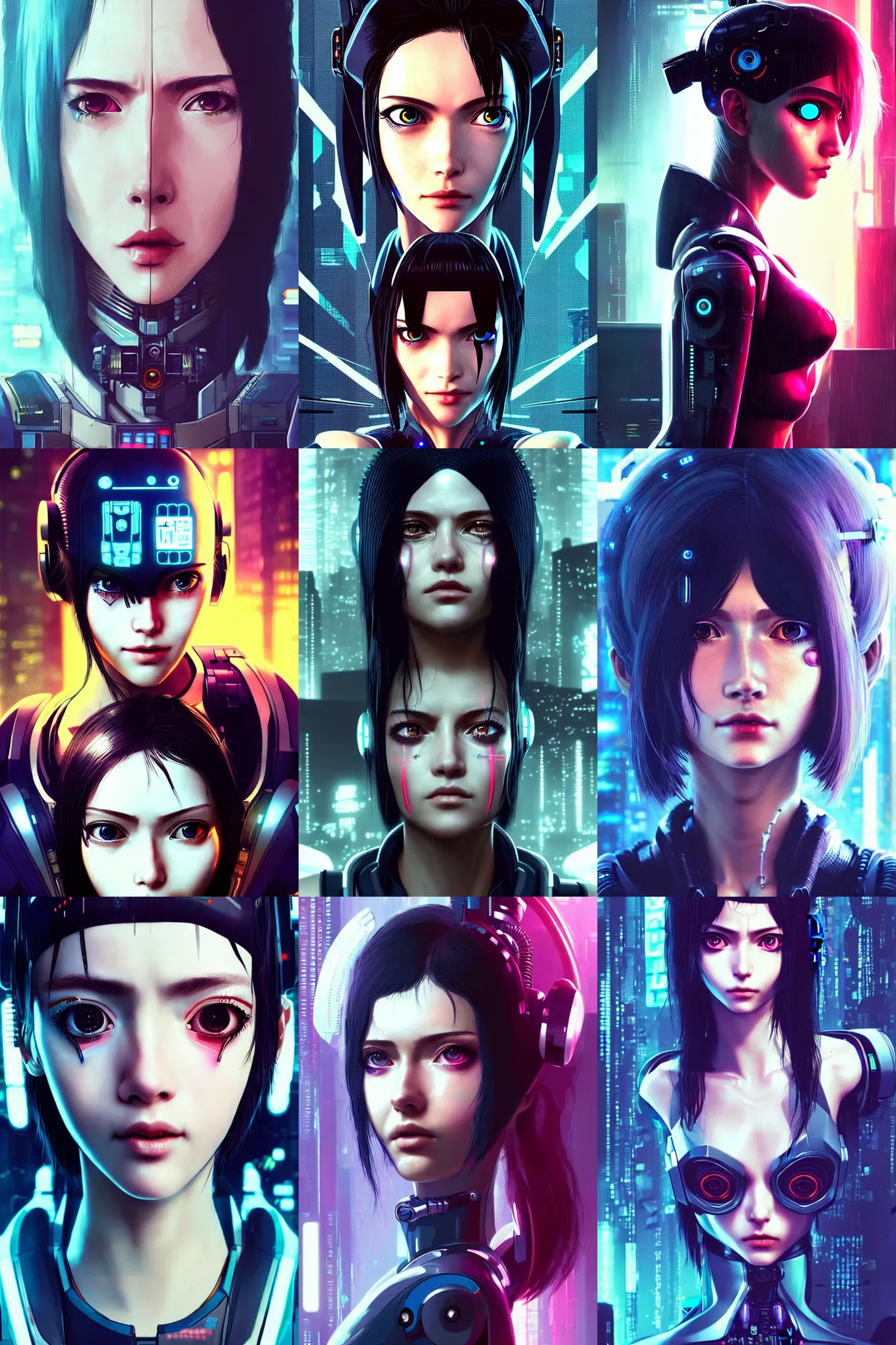 Prompt: A cyberpunk portrait of a cute woman with one robotic eyes, robot, cyborg, detailed, textured, Artstation, Blade Runner, Ghost in the Shell, Alita Battle Angel, Cyberpunk 2077, Pinterest