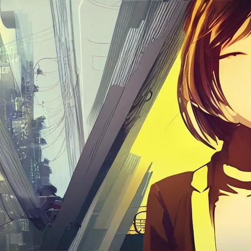 Image similar to Frequency indie album cover, luxury advertisement, yellow filter, white and gray colors. Clean and detailed post-cyberpunk sci-fi close-up schoolgirl in asian city in style of cytus and deemo, blue flame, relaxing, calm and mysterious vibes, by Tsutomu Nihei, by Yoshitoshi ABe, by Ilya Kuvshinov, by Greg Tocchini, nier:automata, set in half-life 2, Matrix, GITS, Blade Runner, Neotokyo Source, Syndicate(2012), dynamic composition, beautiful with eerie vibes, very inspirational, very stylish, with gradients, surrealistic, dystopia, postapocalyptic vibes, depth of field, mist, rich cinematic atmosphere, perfect digital art, mystical journey in strange world, beautiful dramatic dark moody tones and studio lighting, shadows, bastion game, arthouse