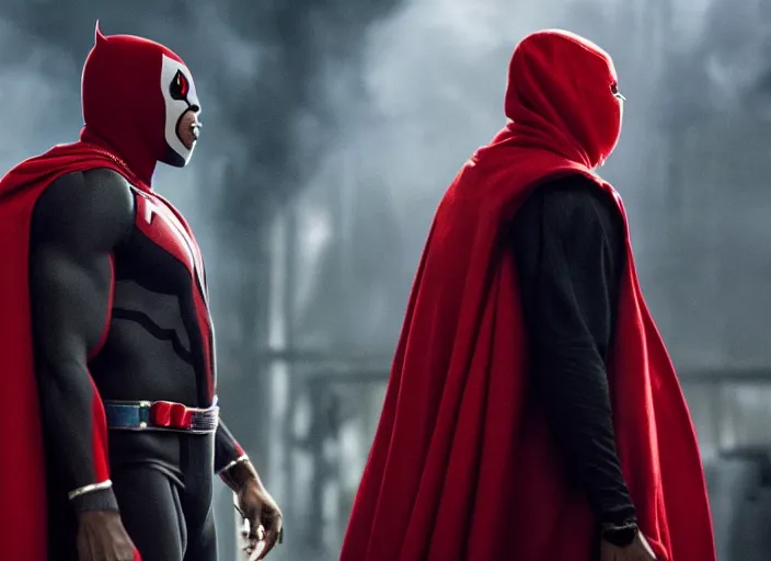 Image similar to film still of michael b jordan as spawn in the new spawn movie, giant chains, large cape, 8 k