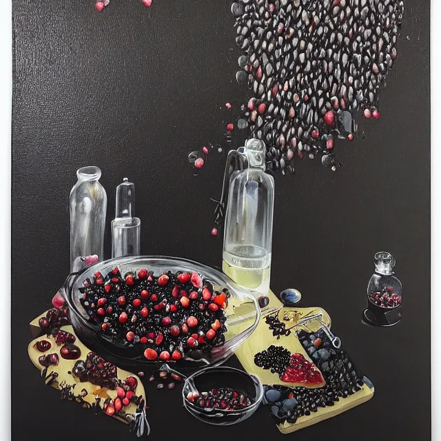 Prompt: sensual, a dark apartment with black walls, portrait of a female pathologist, berries dripping juice, pomegranate, seaweed, berries, starfish, scientific glassware, neo - expressionism, surrealism, acrylic and spray paint and oilstick on canvas