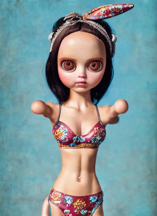 Image similar to closeup portrait of tin toy girl bunny bikini, depth of field, zeiss lens, detailed, symmetrical, centered, fashion photoshoot, by nicoletta ceccoli, mark ryden, lostfish, breathtaking, 8 k resolution, extremely detailed, beautiful, establishing shot, artistic, hyperrealistic, octane render