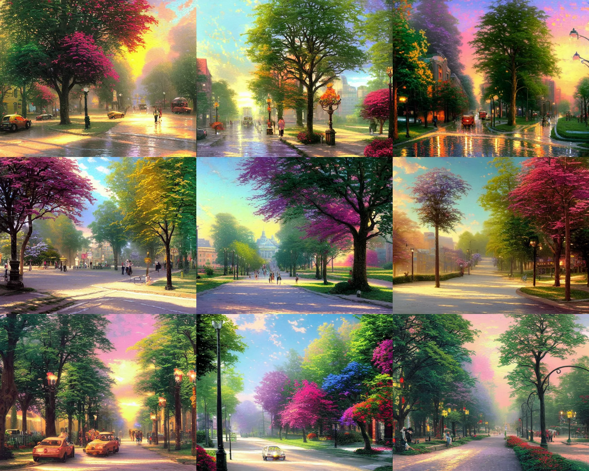 Prompt: city streets in a summer heatwave, trees, painting by thomas kinkade