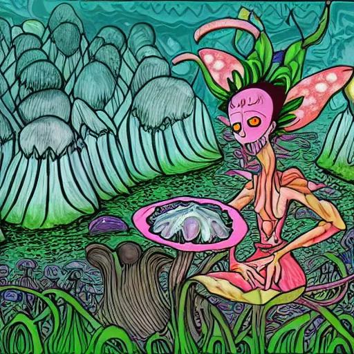 Prompt: scary fairy eating a frog in a psychedelic mushroom village, art style of junji ito, cel animation , masterpiece , post-processing , intricate , legendary matte painting