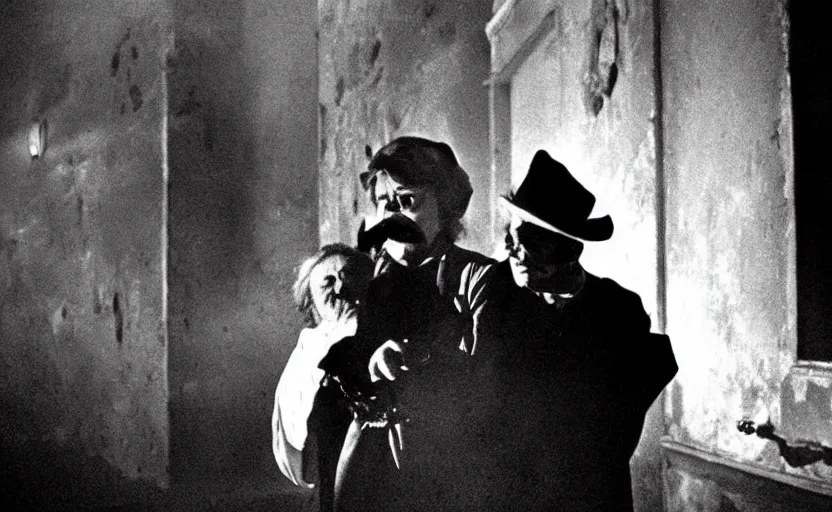 Image similar to haunting in Venice, still from an old surrealist black and white movie directed by Jan Svankmajer, Béla Tarr, Ingrid Bergman and Robert Wiene. Dark background, dramatic lighting, detailed, cinematic