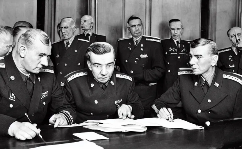 Image similar to 50s movie still of very diverse soviet generals officers marshal and politics head with very detailed faces in a stalinist parlement, by Alexei Guerman, Cinestill 800t 35mm black and white, heavy grainy picture, very detailed, high quality, 4k, HD criterion, precise texture, diverse faces, diverse haircuts, diverse ages, each faces precisely define