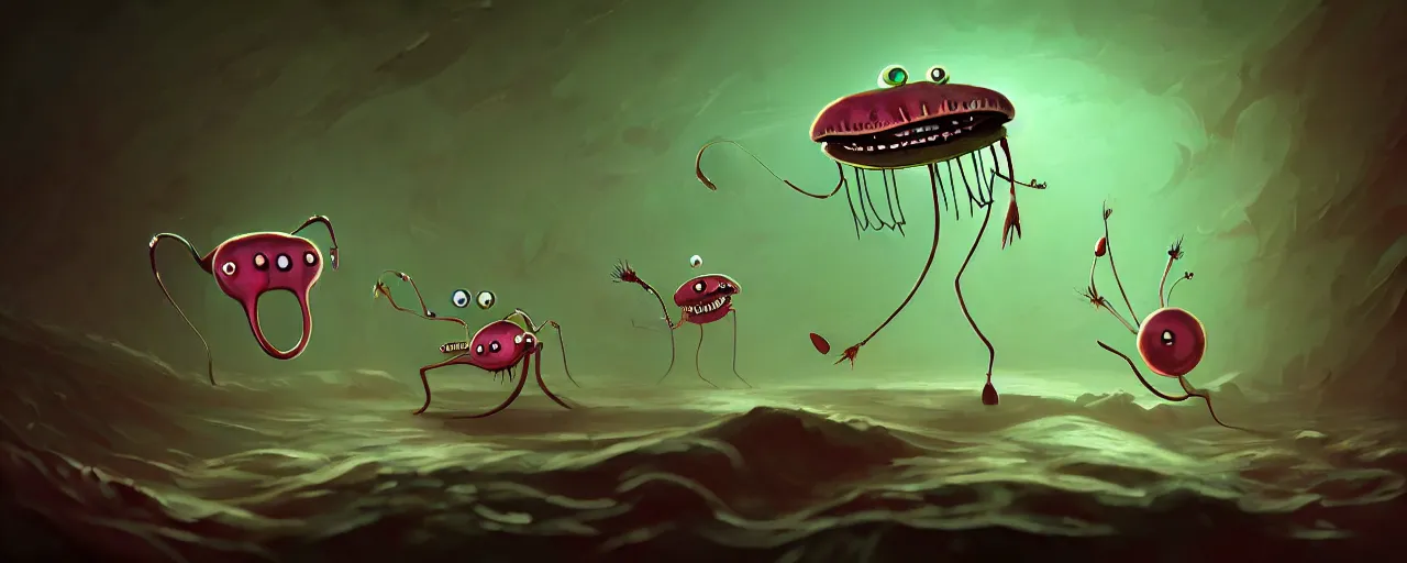 Image similar to wild whimsical plankton mutants from the depths of a wasteland deep in the imaginal realm, dramatic lighting, surreal fleischer cartoon characters, shallow dof, surreal painting by ronny khalil