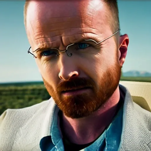 Image similar to Live Action Still of Aaron Paul dressed as Walter White, real life, hyperrealistic, ultra realistic, realistic, highly detailed, epic, HD quality, 8k resolution, body and headshot, film still