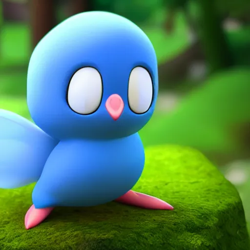 Image similar to nymph render of a very cute 3d piplup pokemon, adorable eyes, cute smile, full round face, bright sunny time, serene forest setting, medium shot, mid-shot, highly detailed, trending on Artstation, Unreal Engine 4k