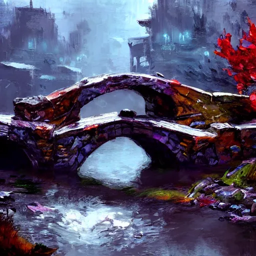 Image similar to acrylic painting, impressionism and expressionism, bold colors, expressive brushstrokes. a stone bridge over a river in riverwood, skyrim. raining. overcast. fantasy art by wadim kashin, cgsociety, nature art