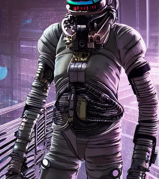 Prompt: realistic cyberpunk engineer with long limbs on a spacewalk, techwear, dead space, visible face, Industrial Scifi, detailed illustration, character portrait, by Martin Grip and Moebius