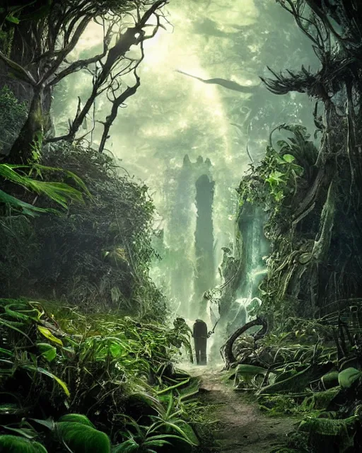 Image similar to a wise wizard walking towards a ravenous, horrific ruin of hades in a densely overgrown, magical jungle, fantasy, dreamlike sunraise, stopped in time, dreamlike light incidence, ultra realistic