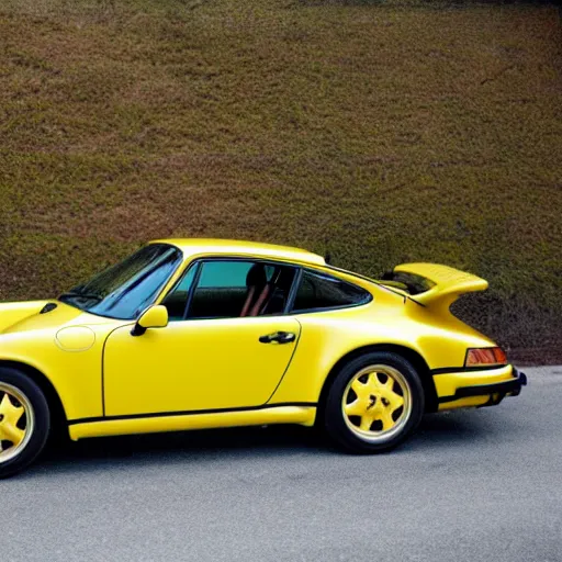 Image similar to an attractive young women reclining on a yellow 1 9 8 5 porsche 9 1 1 turbo, photo 4 k