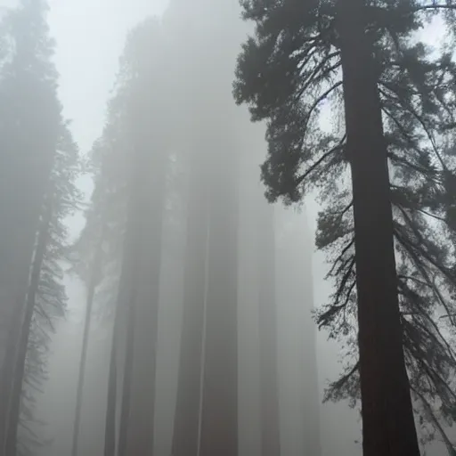 Image similar to extremely foggy sequoia forest, dense fog, huge tree trunks, white mist and fog, low visibility, spooky