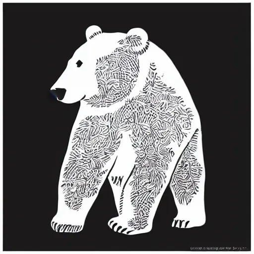 Image similar to bear, cute, block print, simple stylized, black ink on white paper