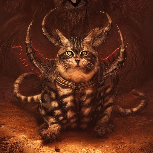 Image similar to photorealistic demonic cat in the style of michael whelan and gustave dore. hyperdetailed photorealism by greg rutkowski. 1 0 8 megapixels, 3 d finalrender, cinematic lighting