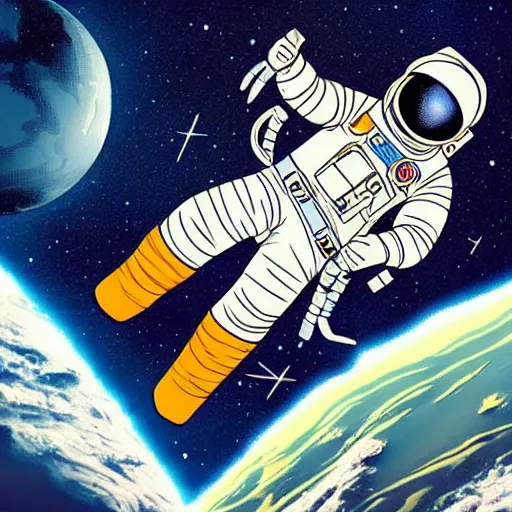 Image similar to An astronaut in space riding on a rocket, in the style of ivan rabuzin