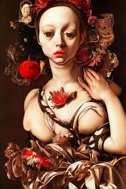 Image similar to Detailed maximalist portrait with large lips and with large, wide eyes, expressive, extra flesh, HD mixed media, 3D collage, highly detailed and intricate, surreal, illustration in the style of Caravaggio, dark art, baroque