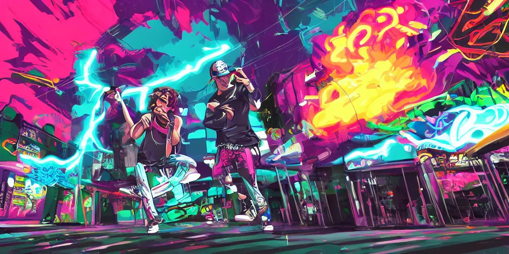 Image similar to Lightning rap battle, digital art, vapor wave, hip hop, graffiti, trending on Artstation, professional artist, detailed, 4k