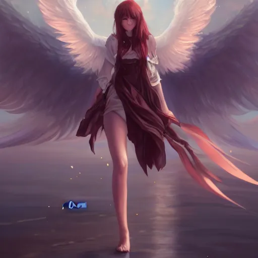 Image similar to an oil painting of a beautiful anime girl with angel wings, by artgerm, wlop and greg rutkowski, hd, hdr, ue 5, ue 6, unreal engine 5, cinematic 4 k wallpaper, 8 k, ultra detailed, high resolution, artstation, award winning