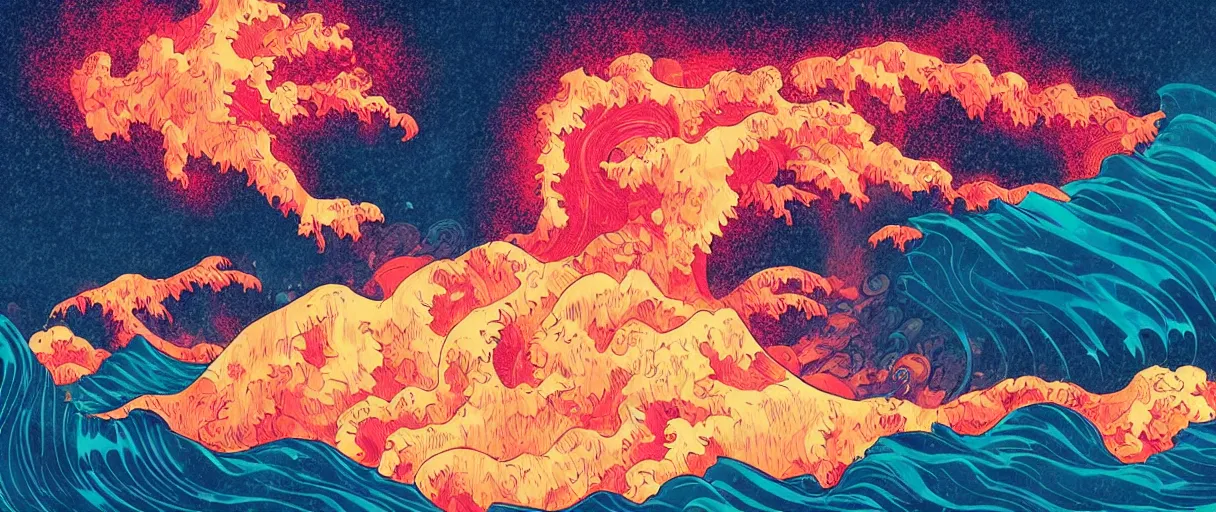 Prompt: great wave, water, sea, volcano, cyberpunk, neon, dramatic lighting style of Laurie Greasley and Satoshi Kon + symmetric lights and smoke, psychedelic effects, glowing particles, fractal neon rain, comic, wood block