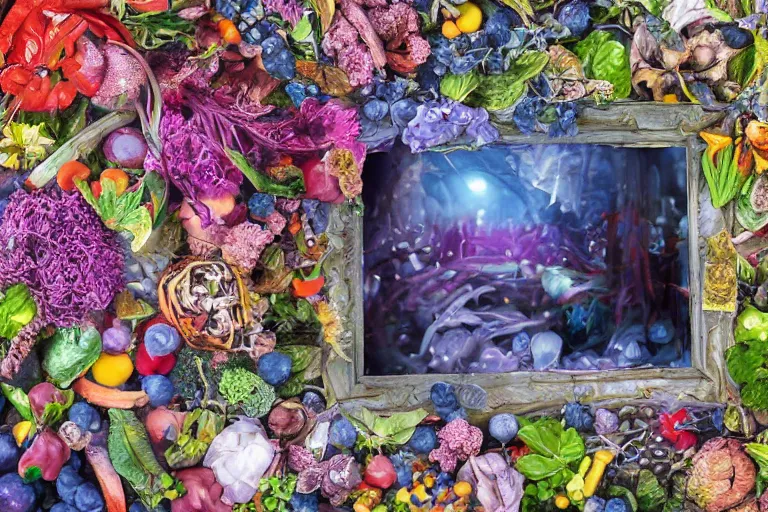 Image similar to framed photo of a super detailed color art, a lot of small garden flowers, A multiverse of vegetables, fruits and blueberries, unreal engine, wes anderson and Moebius color palette, 3d render, colorful, digital art