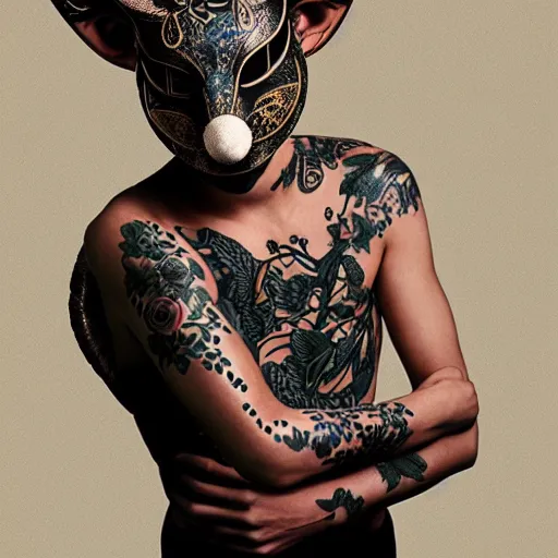 Prompt: a young male wearing a beautiful kitsune mask, his body is covered in beautiful tattoos, photographed by erwin olaf, intricate, editorial