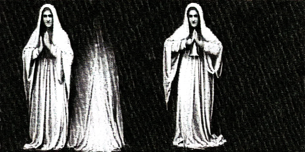 Image similar to vhs static overlay of marian apparition, vhs, 1 9 9 0, highly realistic, highly detailed, vhs noise static, black and white, vhs glitch