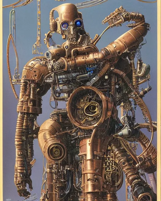 Prompt: steampunk cyborg by ralph mcquarrie and frank lloyd frank lloyd and bruce pennington and ted nasmith