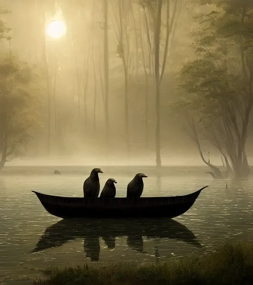 Image similar to three crows in a little boat in a swamp, volumetric lighting, fog, majestic light, octane render, ethereal glare of the sun, hyperrealistic, epic, masterpiece, by greg rutkowski