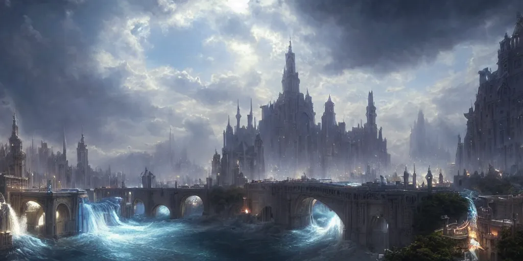 Image similar to beautiful fantasy city made from white stone and bright copper, medieval city, metropolis, magic, waterways, waterfalls, gorgeous clouds, white marble, god rays, digital art, landscape, fantasy art, octane render, ureal engine, high detail, very realistic, by greg rutkowski. by james gurney