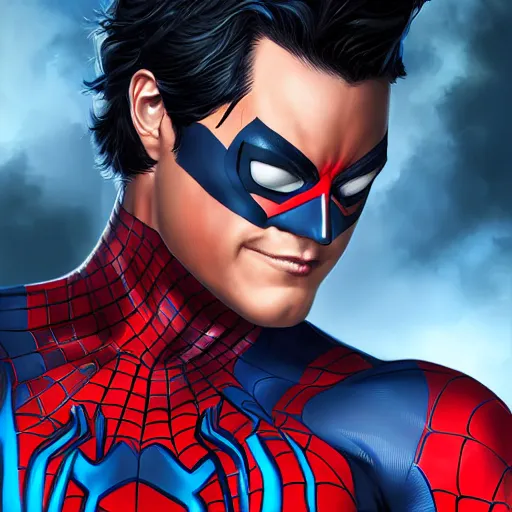 Image similar to characters portrait of Nightwing mixed with Spiderman by ArtGerm and Tom Bagshaw, merged character, 4k, highly detailed, cinematic lighting