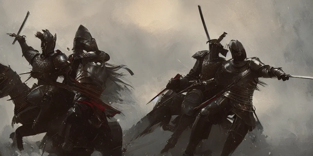 Prompt: a painting of a cinematic keyframe of two medieval knights fighting with swords at midnight by greg rutkowski, dark fantasy art, high detail, trending on artstation