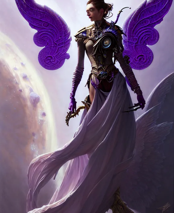 Image similar to beautiful fantasy character portrait, ana de armas, ultra realistic, wide angle, intricate details, the fifth element artifacts, tesseracts, highlights of purple, highly detailed by peter mohrbacher, hajime sorayama, wayne barlowe, boris vallejo, paolo eleuteri serpieri, dishonored 2, white gown, angel wings