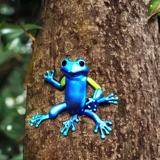 Prompt: a blue cybertronic tree frog made of metal sitting in a tree