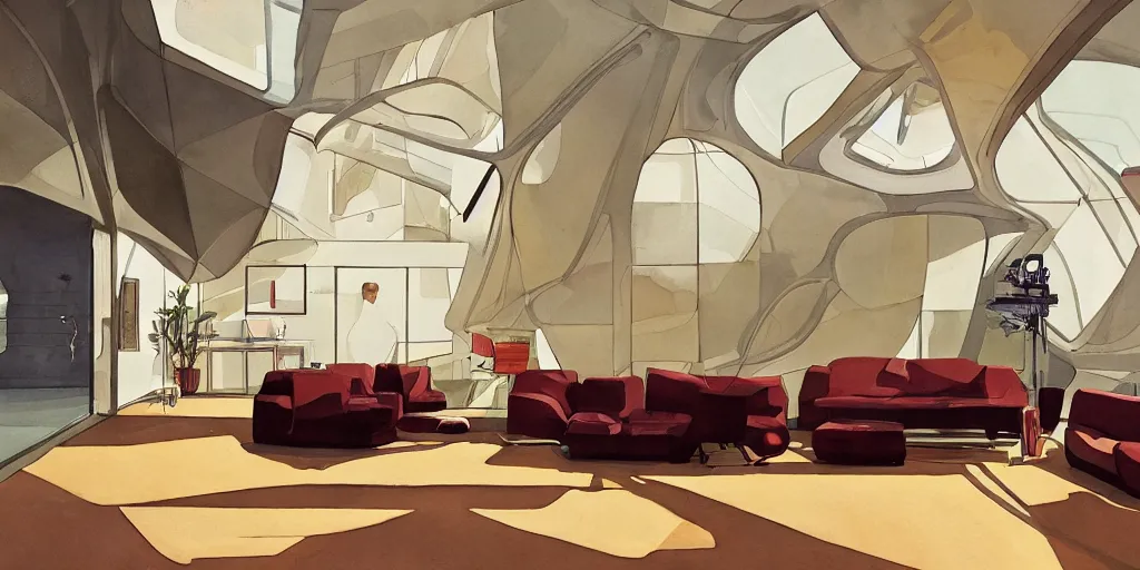 Image similar to a beautiful illustration of futuristic interior hall, lots of furniture, sofa, waiting room, big medium small, sacred geometry, golden ratio, in watercolor gouache detailed paintings, in style of syd mead, trending on artstation,8k, panel, hard surface, vent, zaha hadid, props, plant, cozy,decoration around the room, simon stalenhag, deus ex