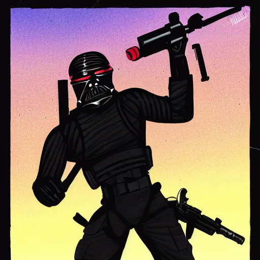 Image similar to muscular man, black vest with no shirt underneath, goggles around his neck, cargo pants, ammo belt, holding a blaster, star wars, long black hair in a ponytail, five o' clock shadow, comic book art, distance shot