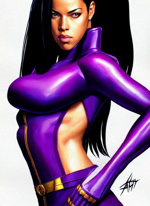 Image similar to full body portrait of marvel cinematic universe aaliyah haughton, x - men, psylocke, x - men apocalypse, elegant, super hero, purple outfit, highly detailed!! digital painting, artstation, glamor pose, concept art, sharp focus, illustration, art by artgerm and greg rutkowski, artey freytag