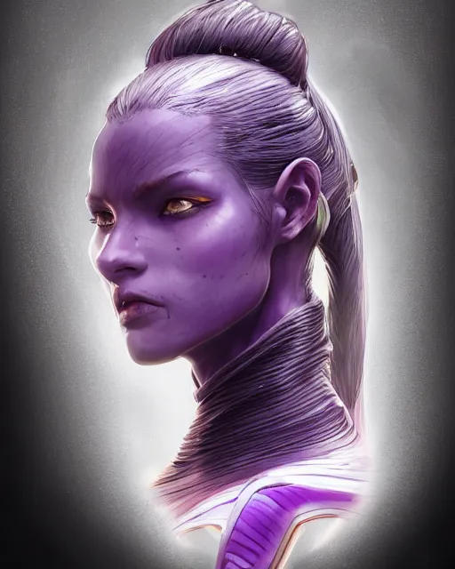 Image similar to close up portrait of a woman in smooth purple sci - fi armor, long black ponytail, elegant, intense, woman, an ultrafine hyperdetailed illustration by kim jung gi, irakli nadar, intricate linework, sharp focus, bright colors, octopath traveler, final fantasy, unreal engine 5, global illumination, radiant light