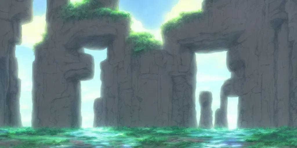 Prompt: a cell - shaded studio ghibli concept art study of a dimensional portal doorway with a waterfall flowing out it in a flooded monument valley stonehenge temple jungle. very dull colors, hd, 4 k, hq