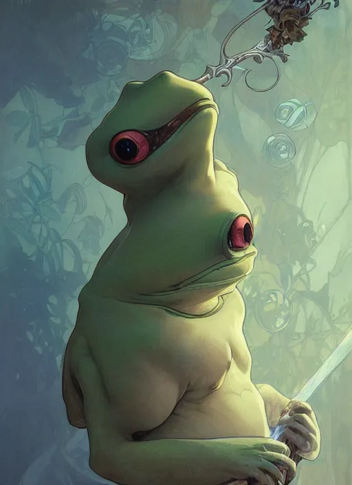 Image similar to digital character concept art by artgerm and greg rutkowski and alphonse mucha. portrait of pepe the frog, like a young god, beautiful, holding a staff, detailed, poster art, light effect, glowing, hyper detail, intricate, elegant, digital painting, artstation, smooth, sharp focus