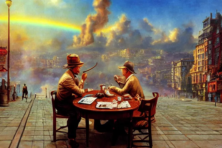 Prompt: ! dream a picture of a tobacco pipe on a table, rainbow smoke, a detailed matte painting by mort kunstler, pixiv, kitsch movement, city background, movie poster, official art